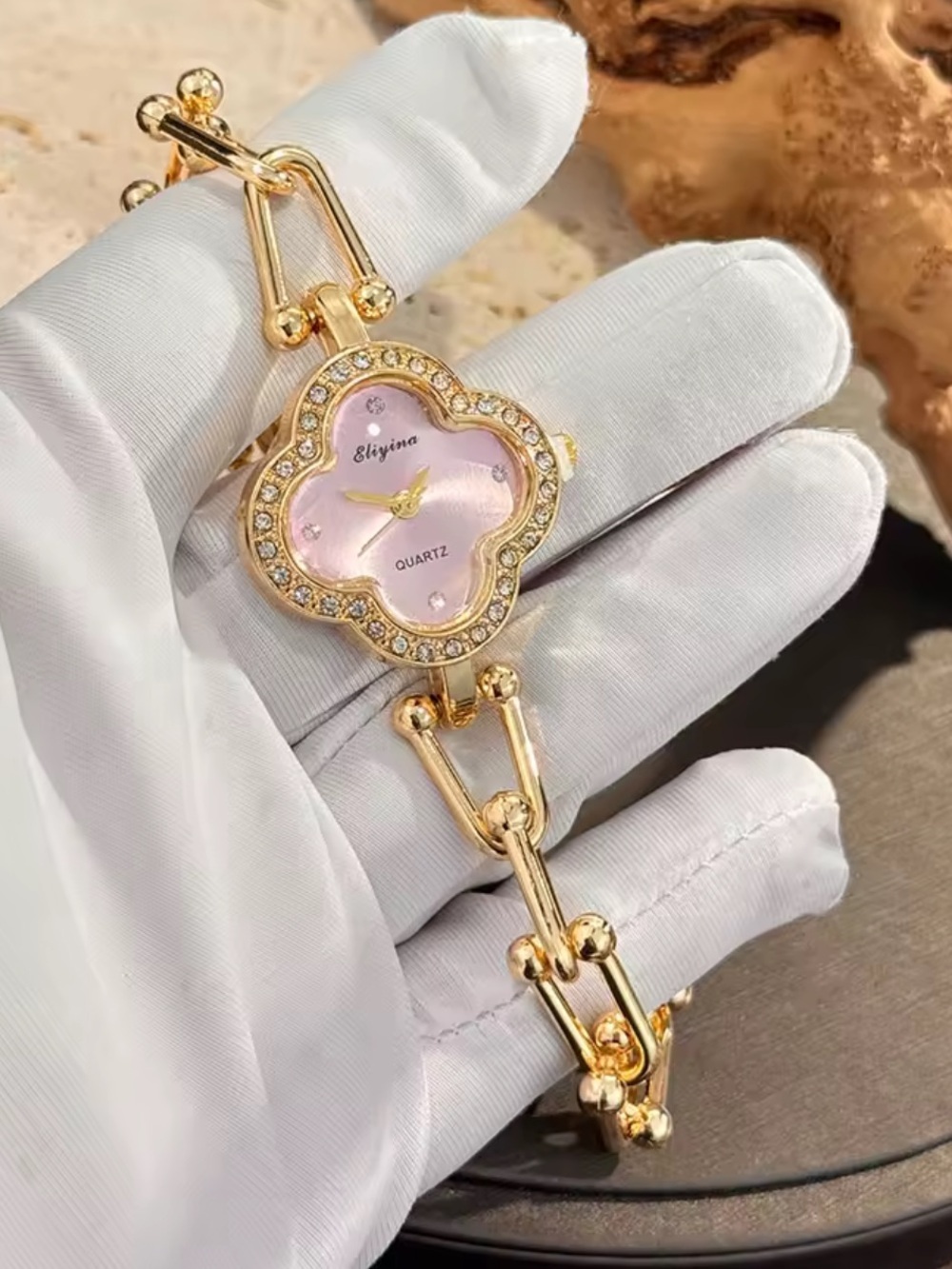 Gold-Tone Pink Dial Flower Quartz Watch